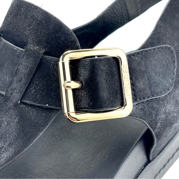 J/Slide NYC Platform Sandal Size 10 Black Shimmery Leather Thong-Toe Slingback - Picture 11 of 16